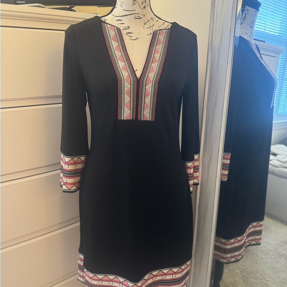 WHBM Black dress with aztec trim on sleeves and bottom